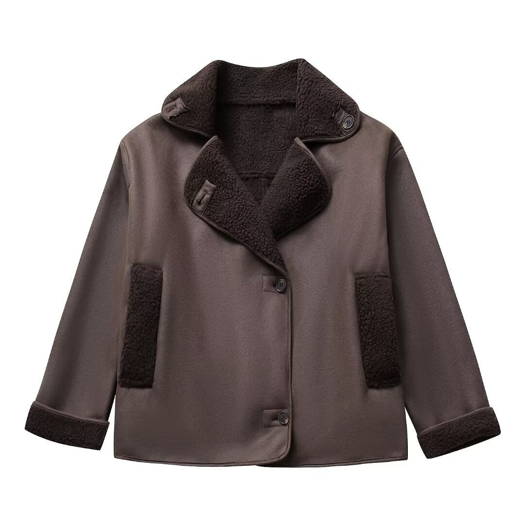 Damen nan kurze Winterjacke mit weichem Teddyfutter, Umschlagkragen und Knopfleiste Drune