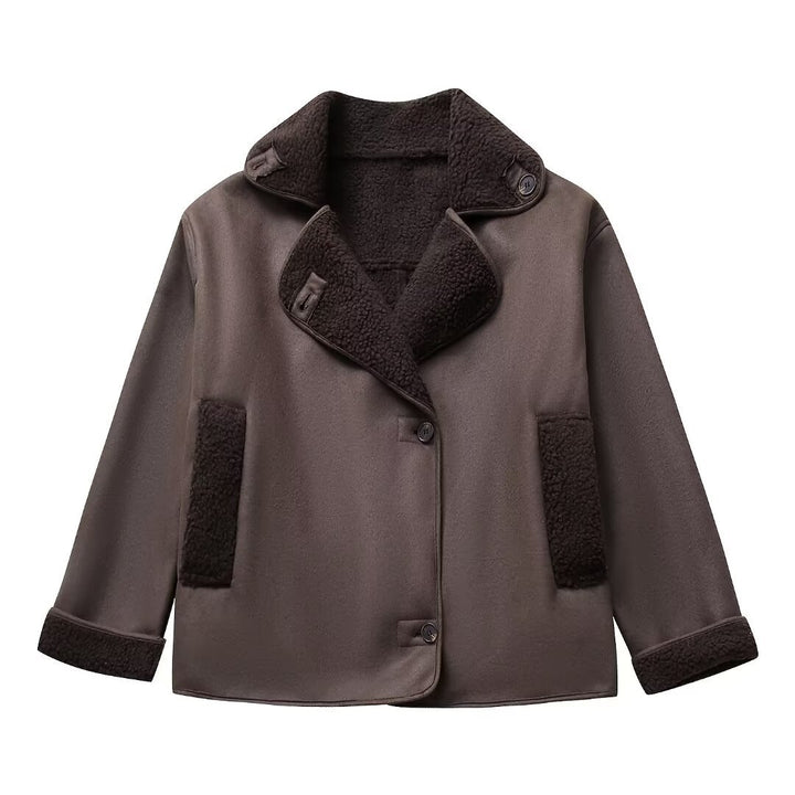 Damen nan kurze Winterjacke mit weichem Teddyfutter, Umschlagkragen und Knopfleiste Drune
