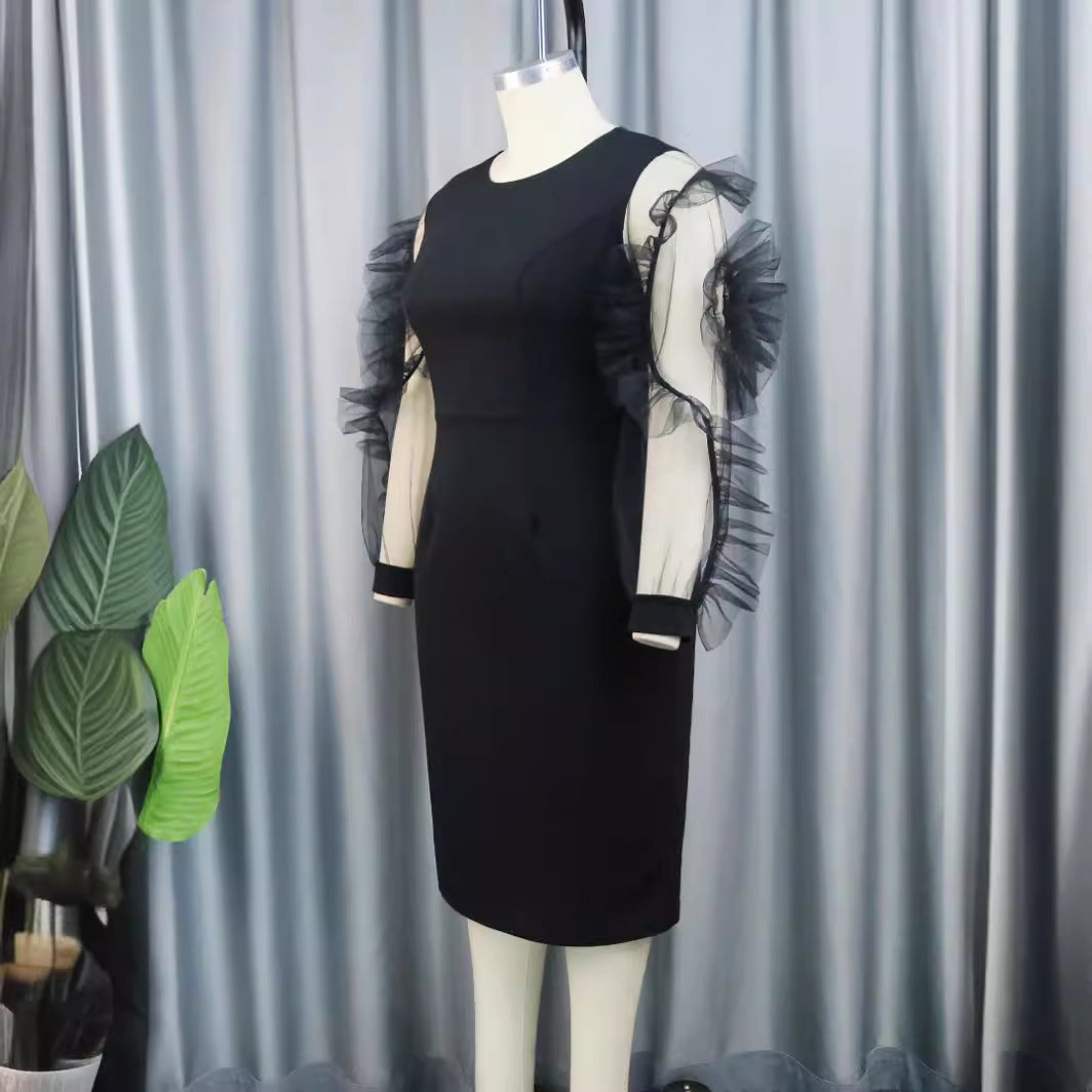Damen Etuikleid mit voluminösen transparenten Puffärmeln Drune