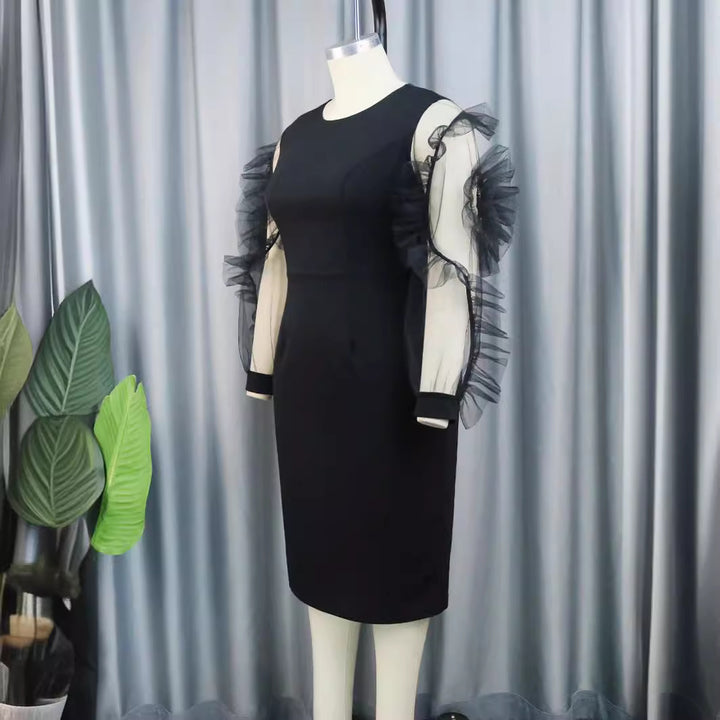 Damen Elegantes Figurbetontes Kleid mit voluminösen Tüllärmeln Drune