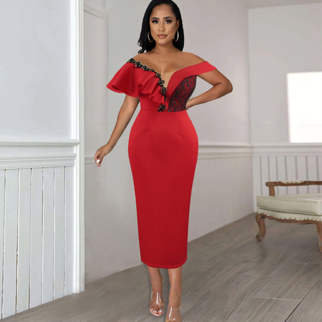 Damen elegantes Kleid mit asymmetrischem Schnitt und floralen Akzenten Drune