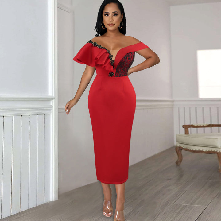 Damen elegantes Kleid mit asymmetrischem Schnitt und floralen Akzenten Drune