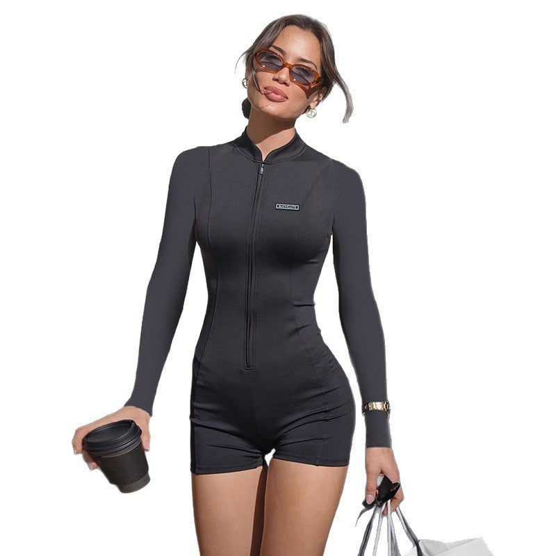 Damen Stylischer bodenlanger Jumpsuit mit Reißverschluss Drune