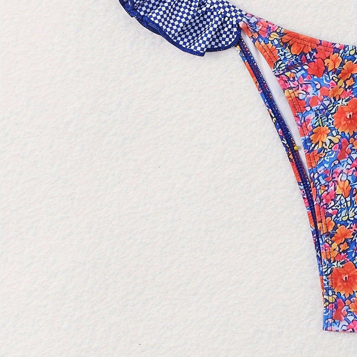 Damen Triangel-Bikini mit verspielten Rüschendetails und floralem Muster Drune