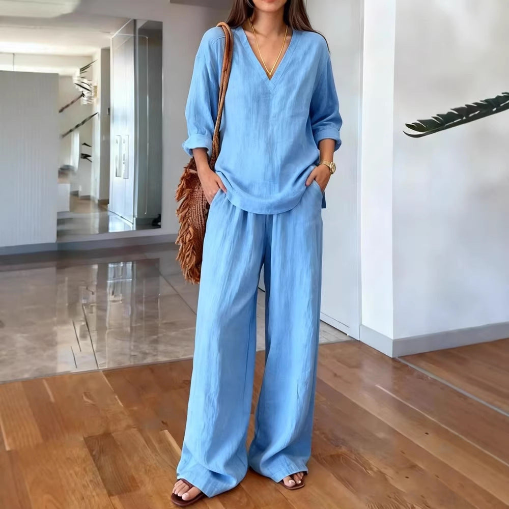 Damen Lässiges Leinenoberteil und weite Palazzo-Hosen Set Drune