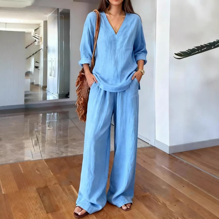 Damen Lässiges Leinenoberteil und weite Palazzo-Hosen Set Drune