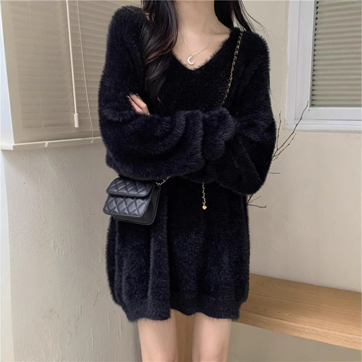 Damen flauschiges V-Ausschnitt Kleid mit langen Ärmeln Drune