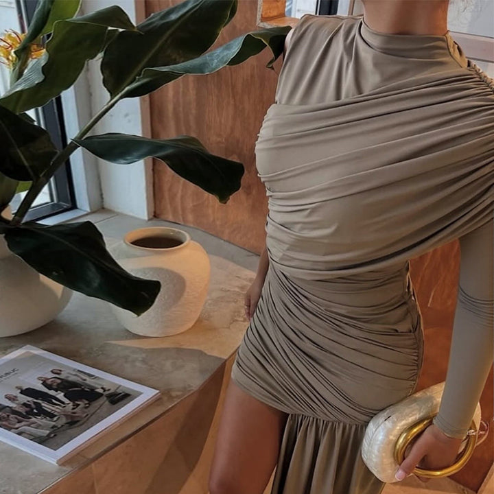 Damen elegantes Wickelkleid mit asymmetrischem Saum und figurbetonter Raffung Drune