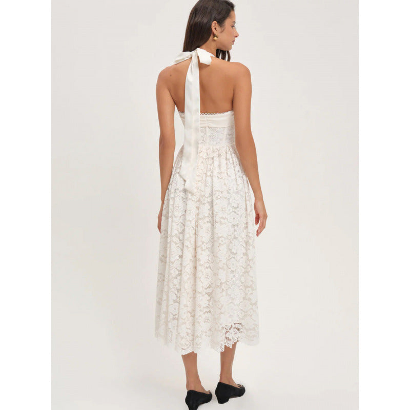 Damen luftiges Sommerkleid mit romantischem Spitzenoberteil und elastischem Taillenbund Drune