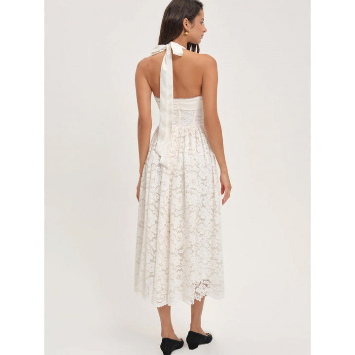 Damen luftiges Sommerkleid mit romantischem Spitzenoberteil und elastischem Taillenbund Drune