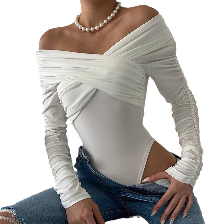 Damen eleganter Body mit drapiertem Oberteil und schmalen Ärmeln Drune