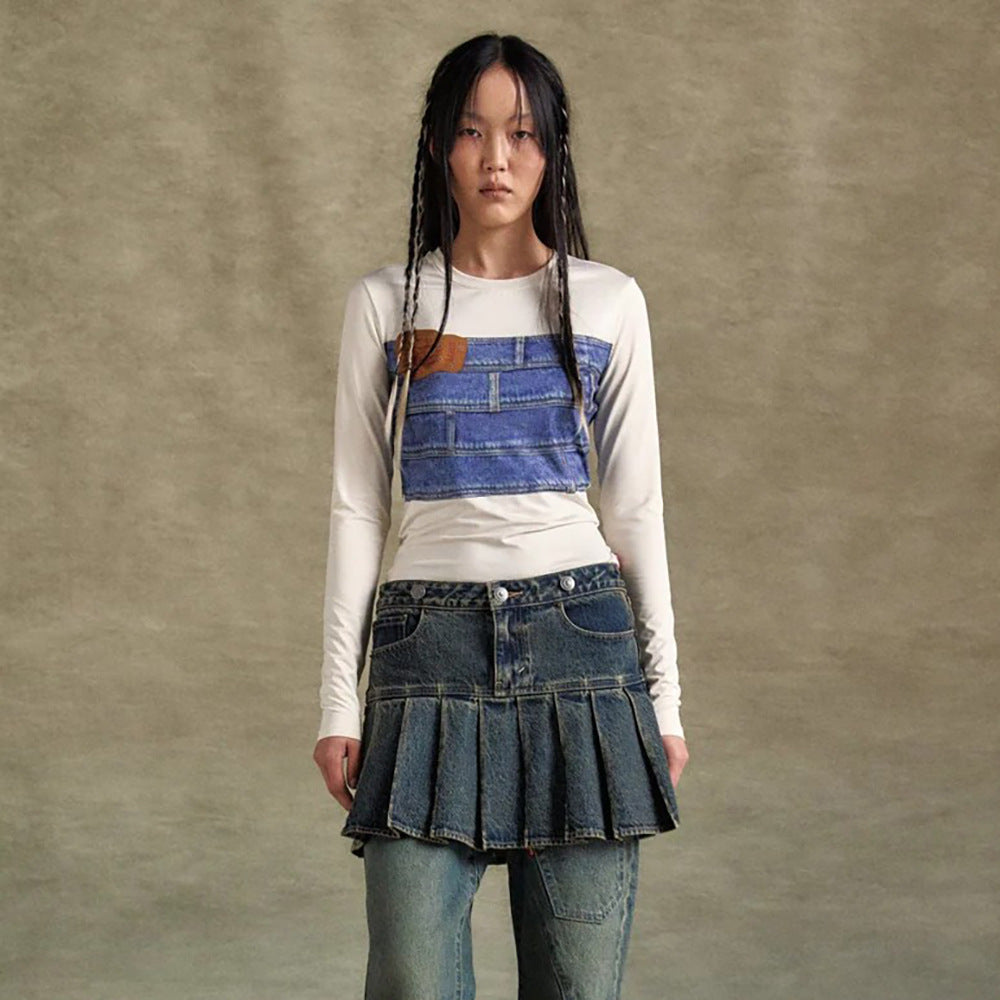 Damen Langarmshirt mit kreativem Denim-Druck und figurbetontem Schnitt Drune