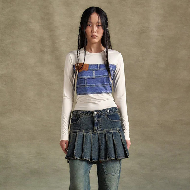 Damen Langarmshirt mit kreativem Denim-Druck und figurbetontem Schnitt Drune