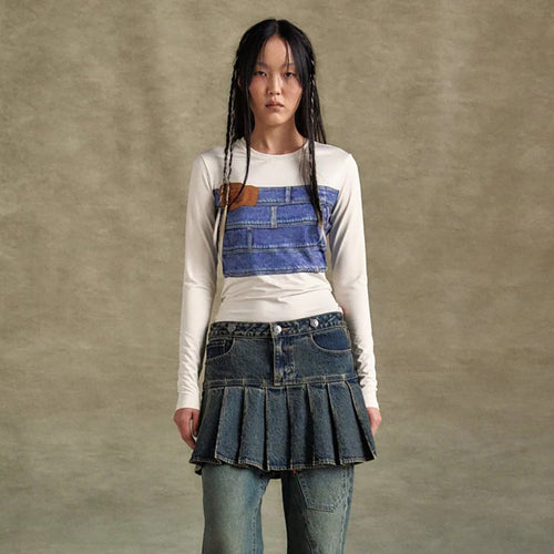 Damen Langarmshirt mit kreativem Denim-Druck und figurbetontem Schnitt Drune