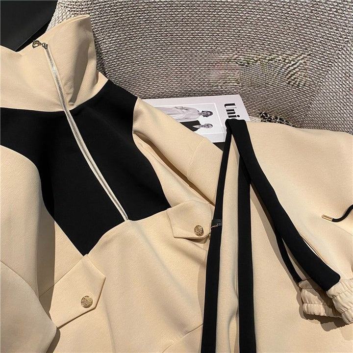 Damen Modischer Kapuzenpullover mit Reißverschluss und Kontrastdetails Drune