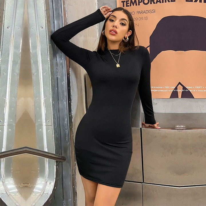 Damen figurbetontes Minikleid mit hohem Kragen und langem Arm Drune