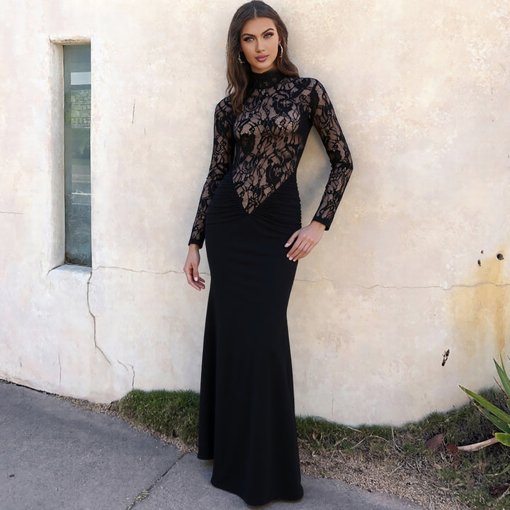 Damen Elegantes Maxikleid mit transparentem Spitzenoberteil und figurbetontem Schnitt Drune