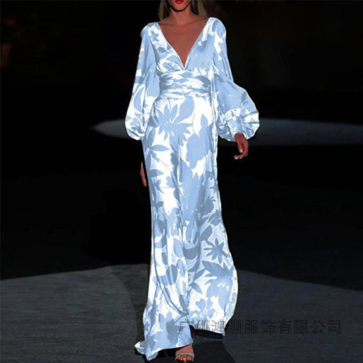 Damen Maxikleid mit schimmerndem floralem Design und elegantem V-Ausschnitt Drune