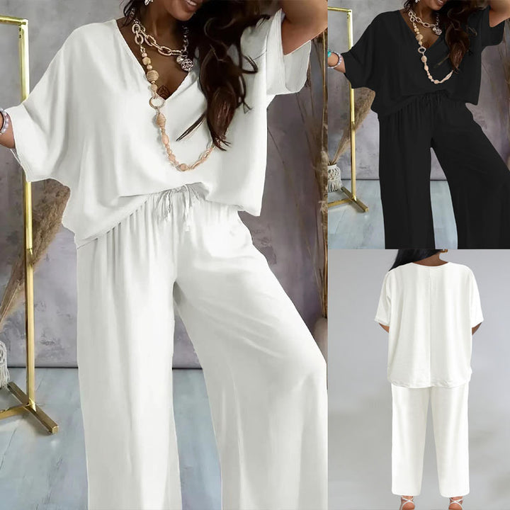 Damen eleganter Jumpsuit mit V-Ausschnitt und weitem Bein Drune