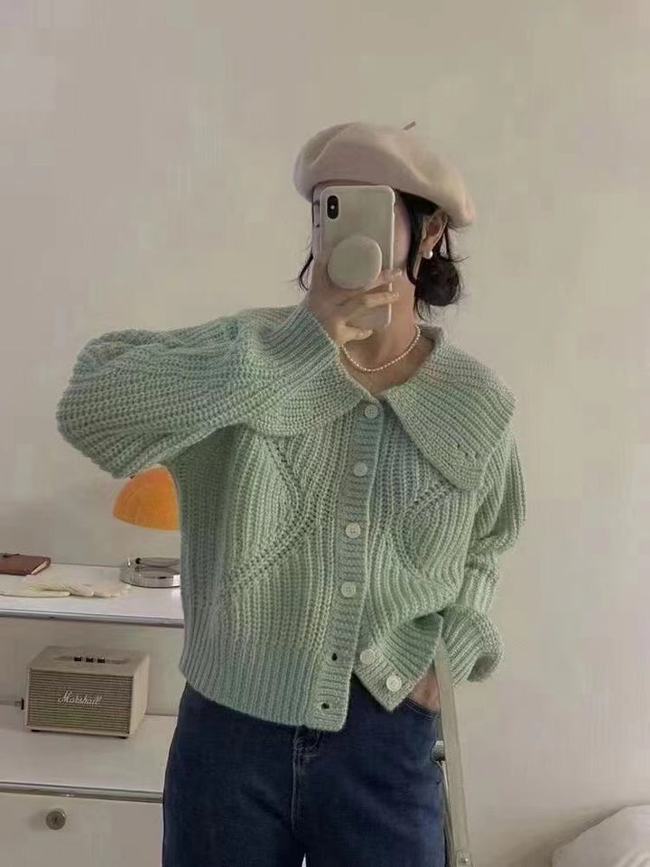 Damen Strickjacke mit großem Kragen und voluminösen Ärmeln Drune