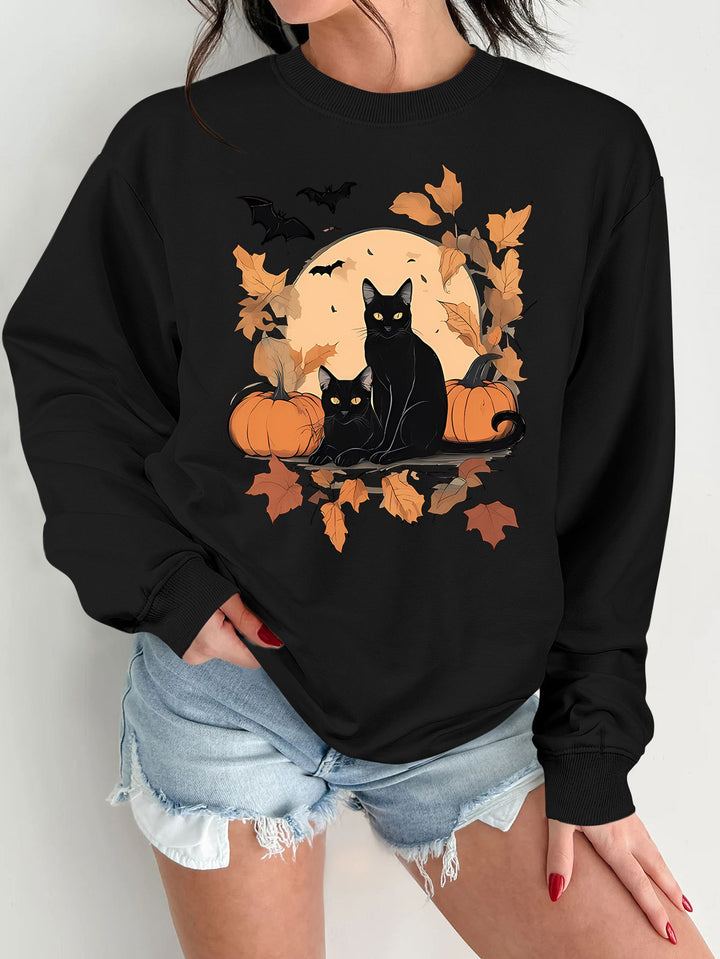Damen Sweatshirt mit herbstlichem Katzen- und Kürbisdesign Drune