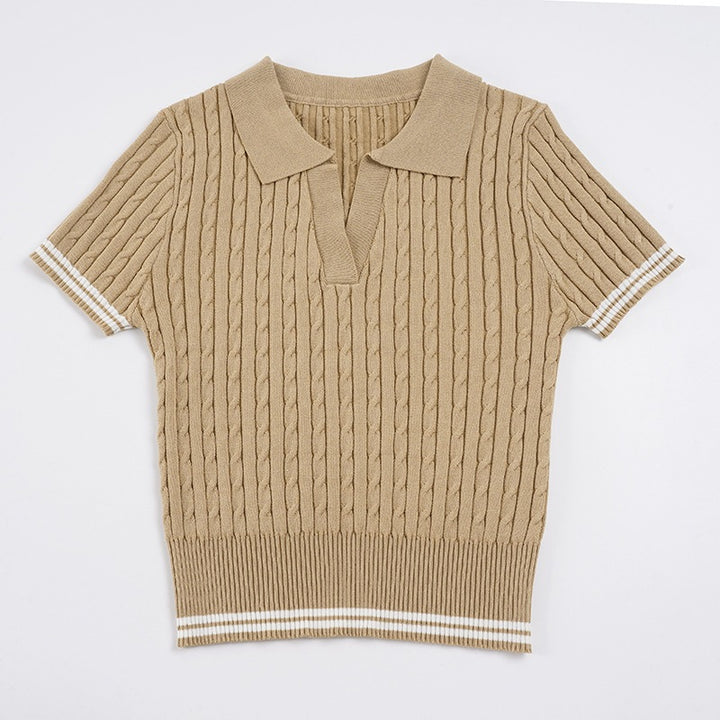 Damen kurzärmeliges Strickoberteil mit raffiniertem Rippmuster und Polokragen Drune