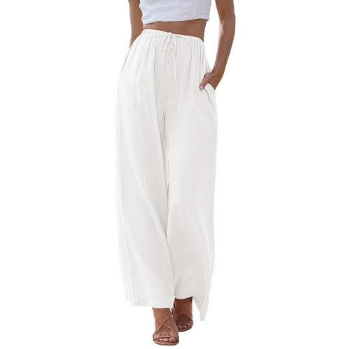 Damen nan weite Leinenhose mit elastischem Bund Kordel und Seitentaschen Drune