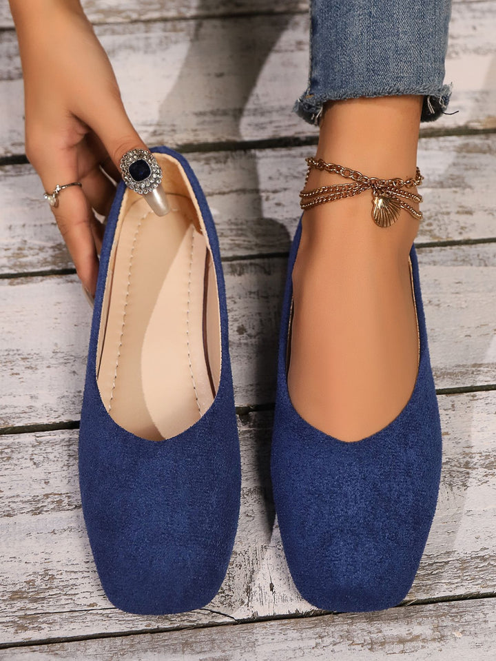 Damen nan elegante flache Schlupfballerina mit quadratischer Zehenpartie gepolstertem Komfortfußbett und Veloursoptik Drune