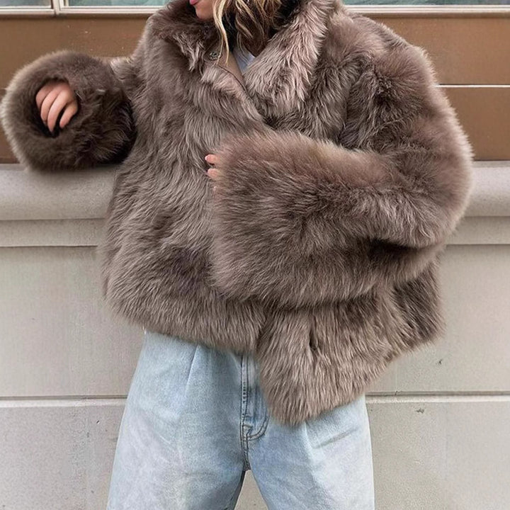 Damen Luxus Kunstfelljacke mit breitem Kragen Drune