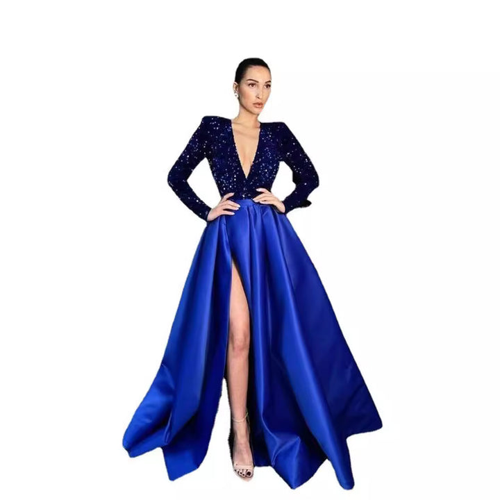 Damen Glamouröser Abendkleid mit tiefem V-Ausschnitt und schimmernden Akzenten Drune
