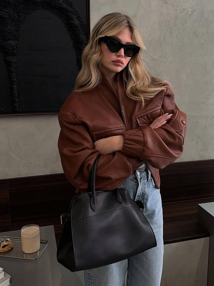 Damen lässige Lederjacke mit voluminösen Ärmeln Drune