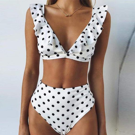 Damen Hoch tailliertes Bikini-Set mit verspielten Rüschen und Pünktchen Drune