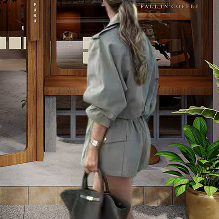 Damen Modische Trenchcoat-Jacke mit voluminösen Ärmeln und Gürtel Drune