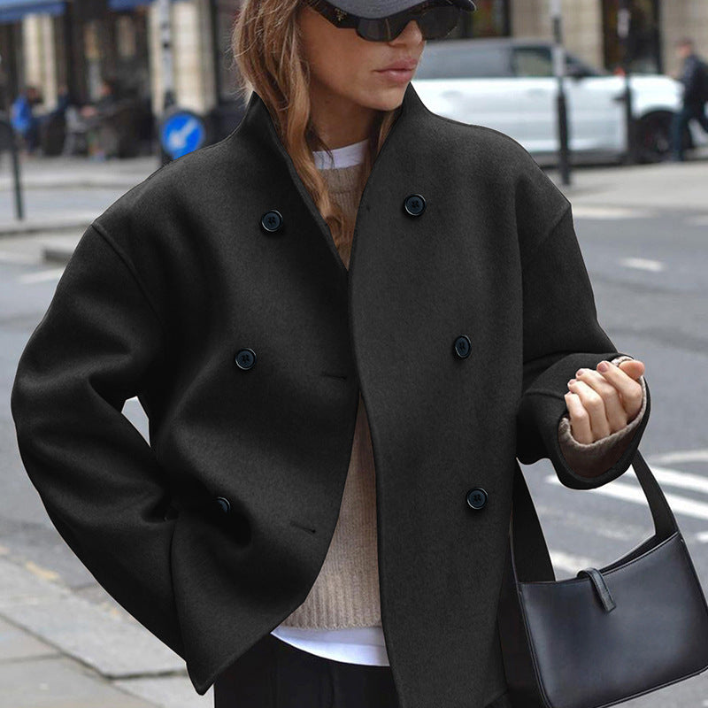Damen modische Wolljacke mit doppelter Knopfleiste und hohen Kragen Drune