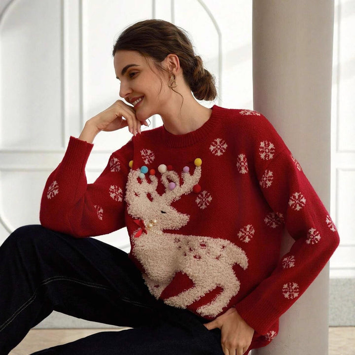 Damen Kuscheliger Weihnachtspullover mit 3D-Rentiermotiv und buntem Dekor Drune