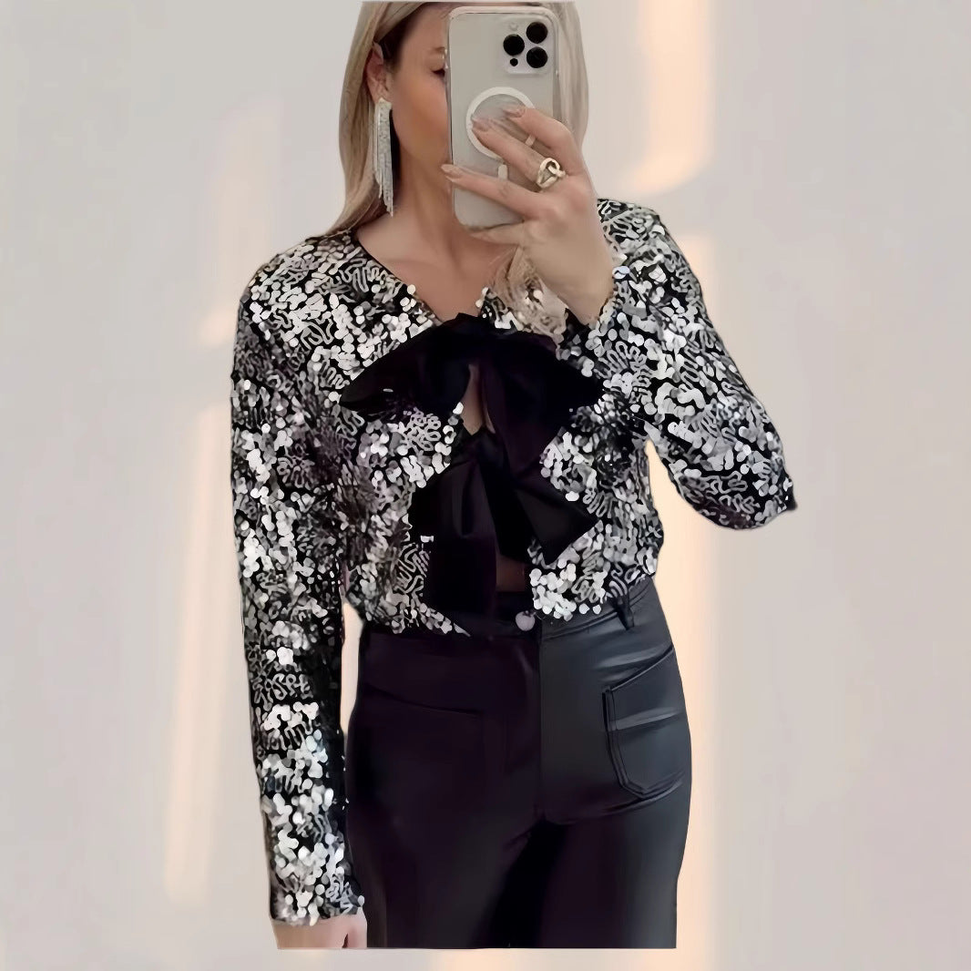 Damen Glitzernde Bluse mit Schleifendetail Drune
