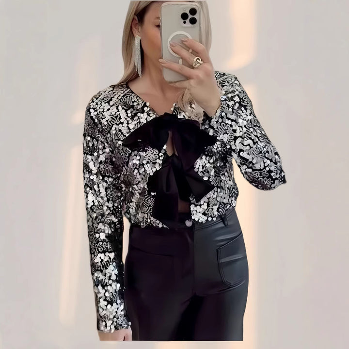 Damen Glitzernde Bluse mit Schleifendetail Drune