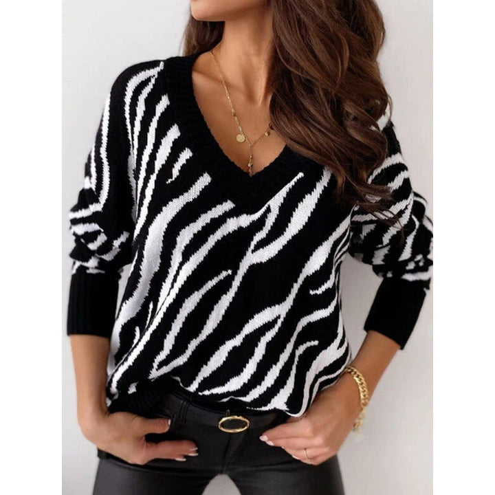Damen Strickpullover mit tiefem V-Ausschnitt und Zebra-Muster Drune