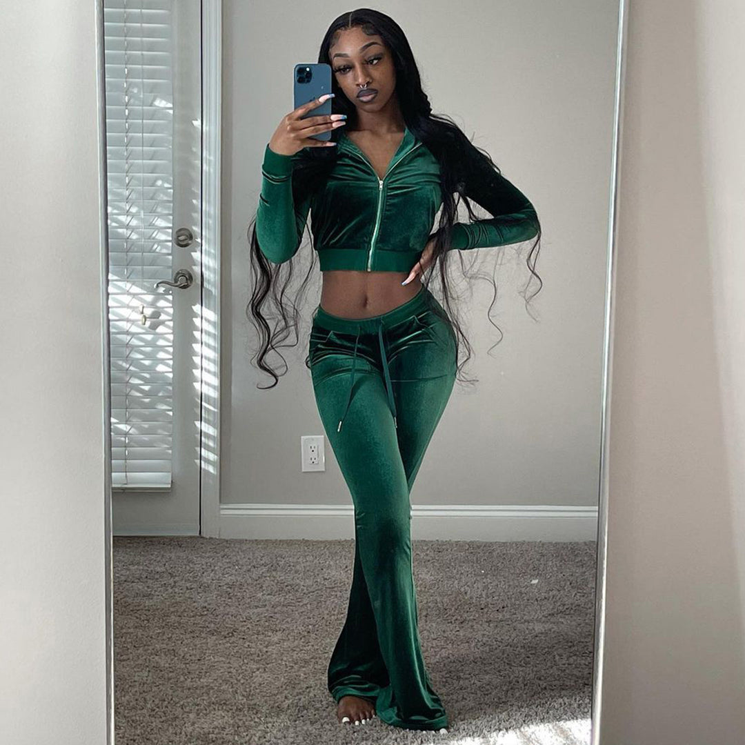 Damen Velours Tracksuit mit Zip-Front und weit geschnittener Hose Drune