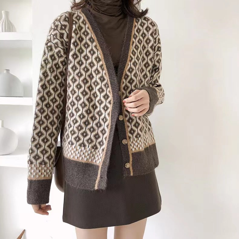 Damen elegante Strickjacke mit geometrischem Muster und Knopfdetails Drune