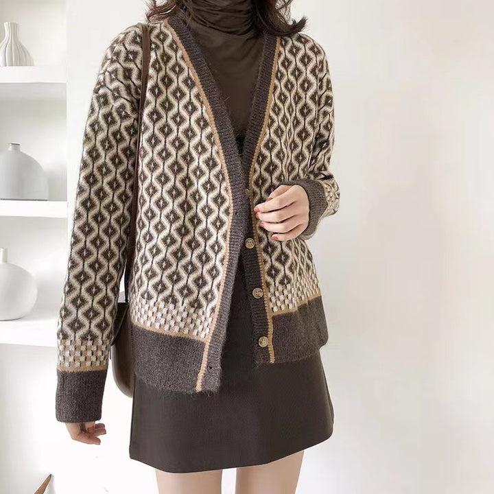 Damen elegante Strickjacke mit geometrischem Muster und Knopfdetails Drune