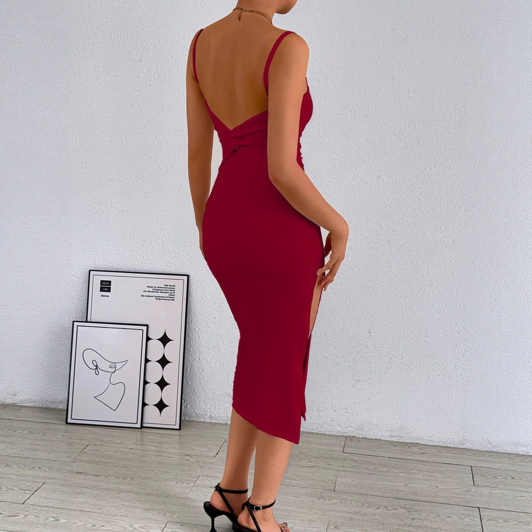 Damen figurbetontes Midi-Kleid mit schulterfreien Trägern und tiefem Schlitz Drune