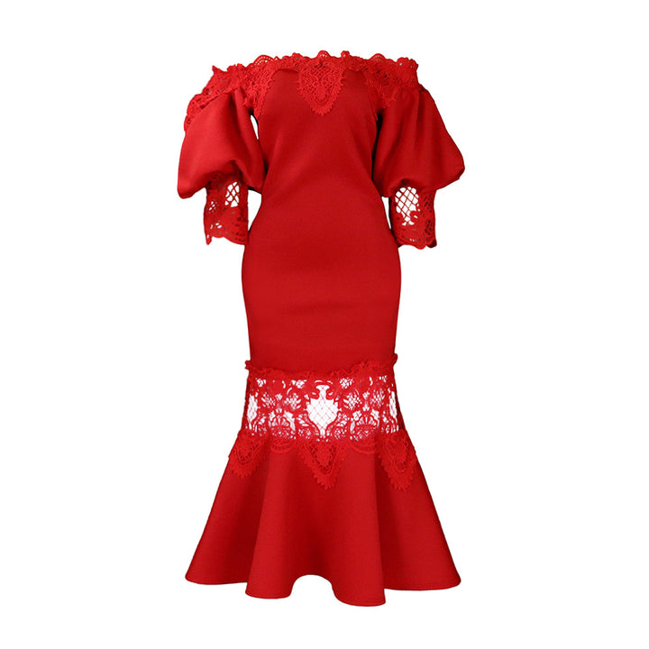 Damen Spitzenkleid im eleganten Meerjungfrauenschnitt mit voluminösen Ärmeln Drune