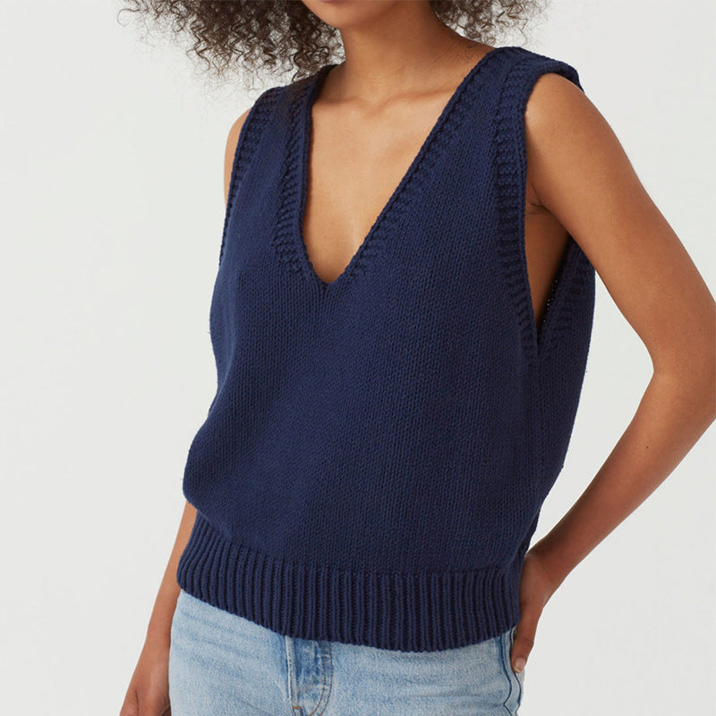 Damen stylischer Stricktop mit tiefem V-Ausschnitt und breiten Trägern Drune