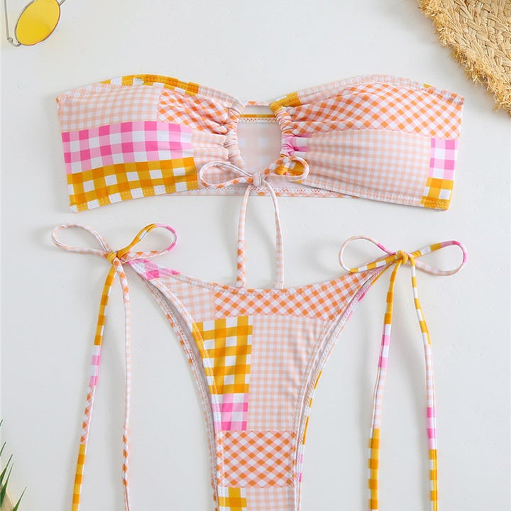 Damen Bikini-Set mit verspieltem Karomuster und verstellbaren Bindebändern Drune