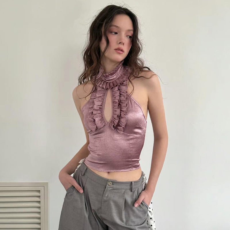 Damen elegantes Top mit rüschendem Stehkragen und tiefem Ausschnitt Drune