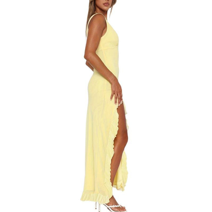 Damen Maxikleid mit voluminösen Rüschendetails und tiefem Schlitz Drune