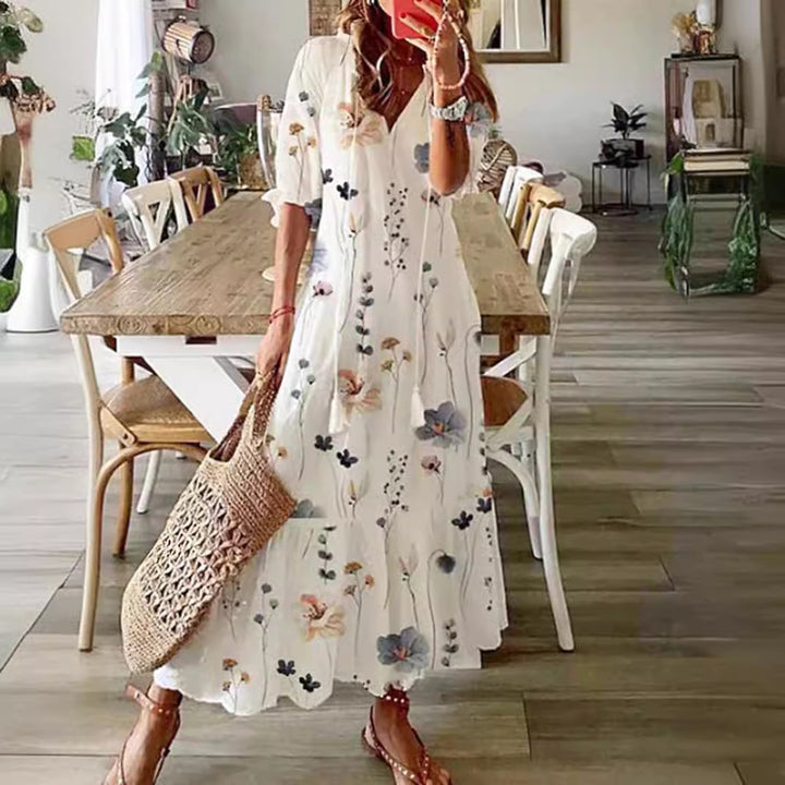 Damen nan knöchellanges A-Linien-Sommerkleid mit ganzflächigem Blumenmuster V-Ausschnitt und lockerem Fall Drune