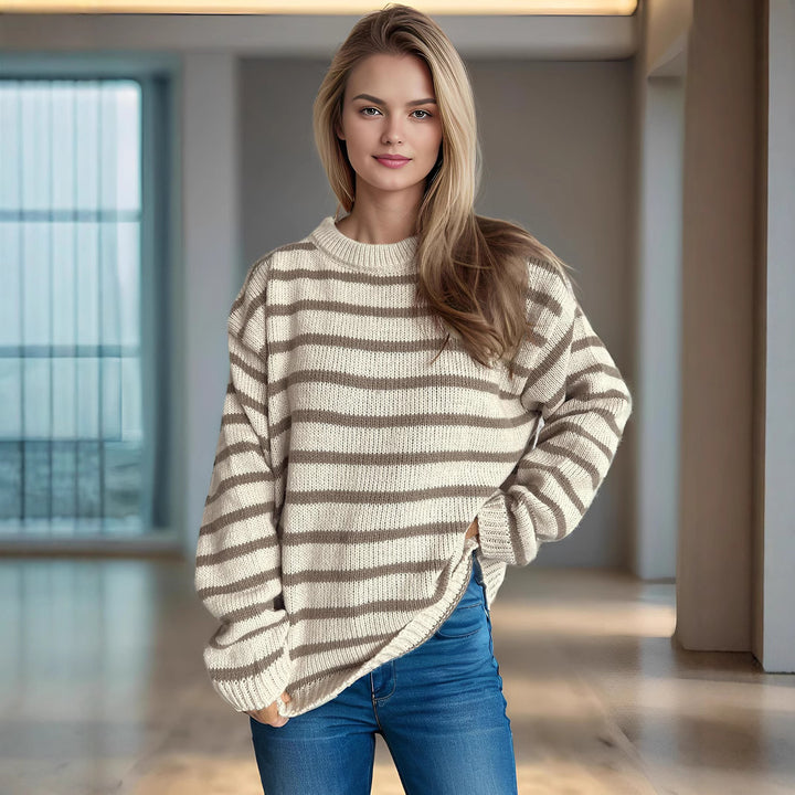 Damen lässiger Strickpullover mit breiten Streifen und lockerer Passform Drune