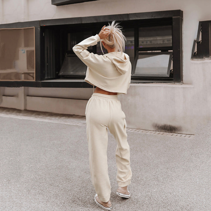 Damen nan Cropped Kapuzenpullover mit Highwaist Cargo-Joggingshose Set Drune